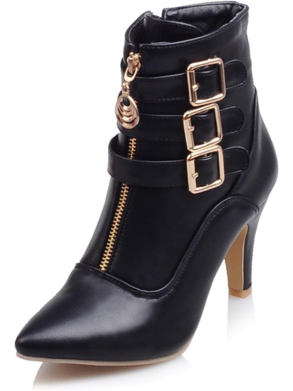 Women's Buckle Black High Heels Pointed Toe Ankle Short Ankle Metallic Booties